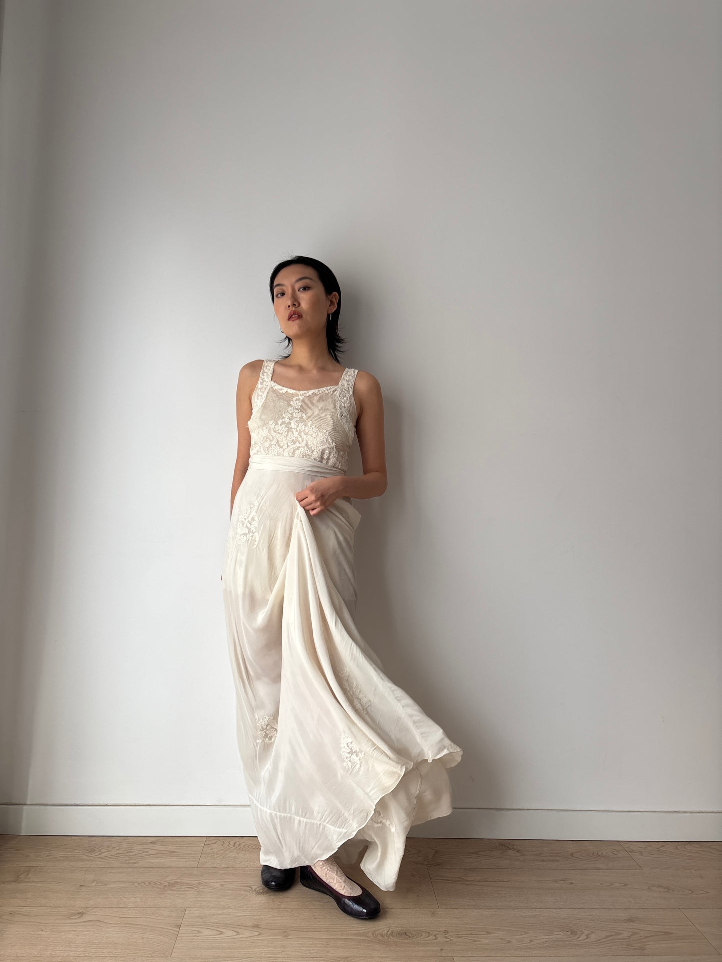 1930s Pure Silk Chiffon Lace Bridal Dress: Antique Bias Cut Nightgown