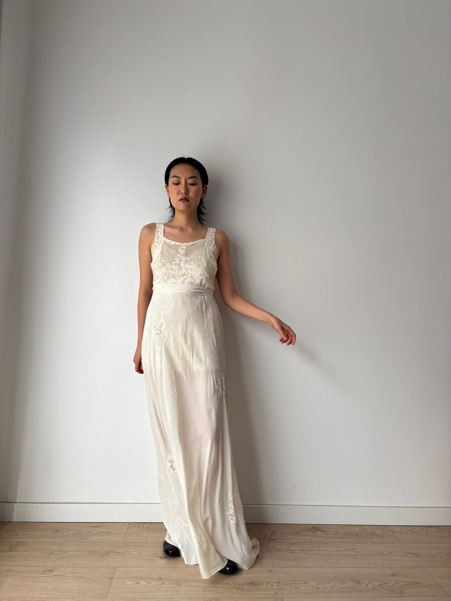 1930s Pure Silk Chiffon Lace Bridal Dress: Antique Bias Cut Nightgown