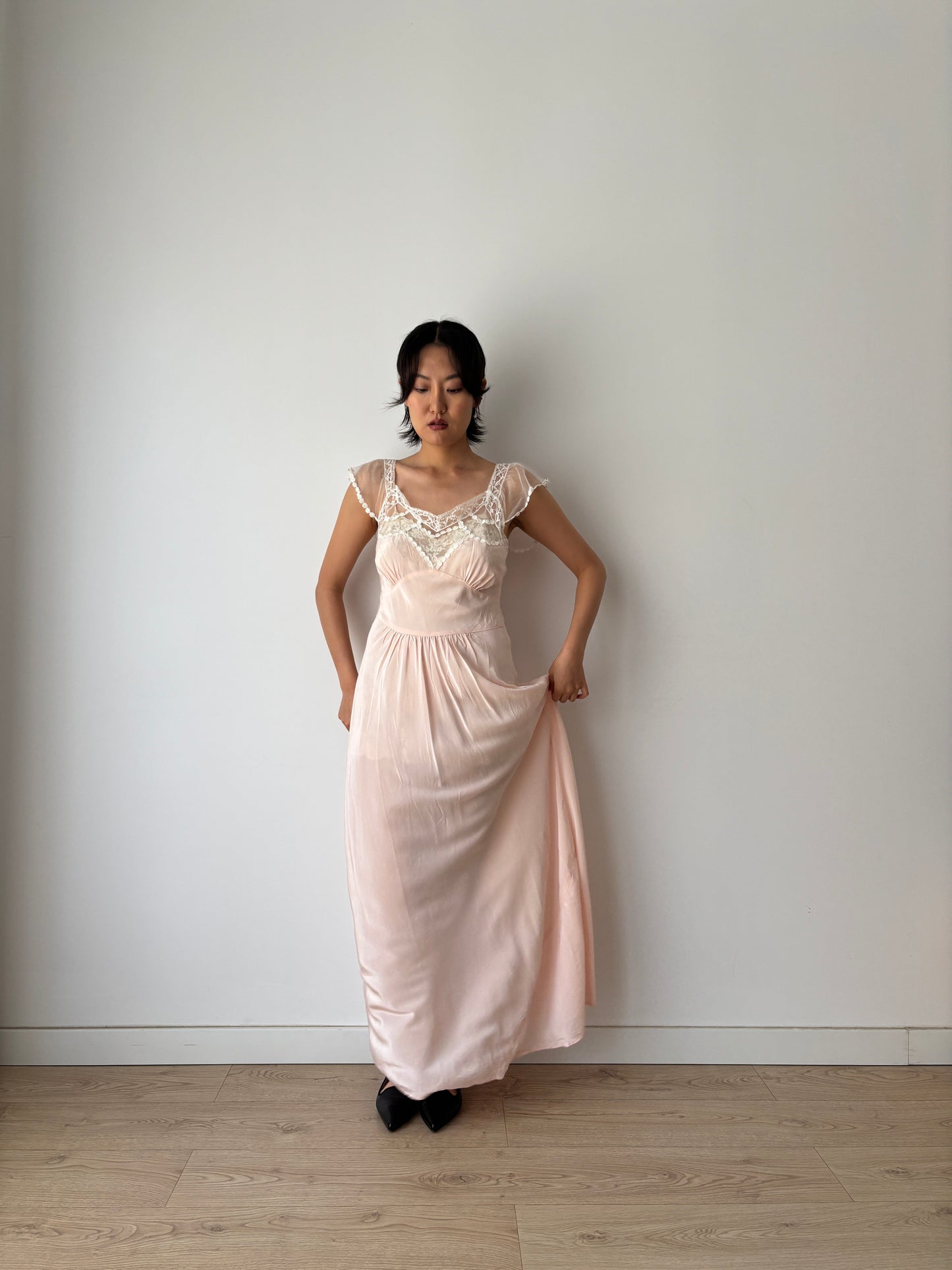 1940s Rayon Dress: Antique Pastel Pink Lace Bias Cut Gown