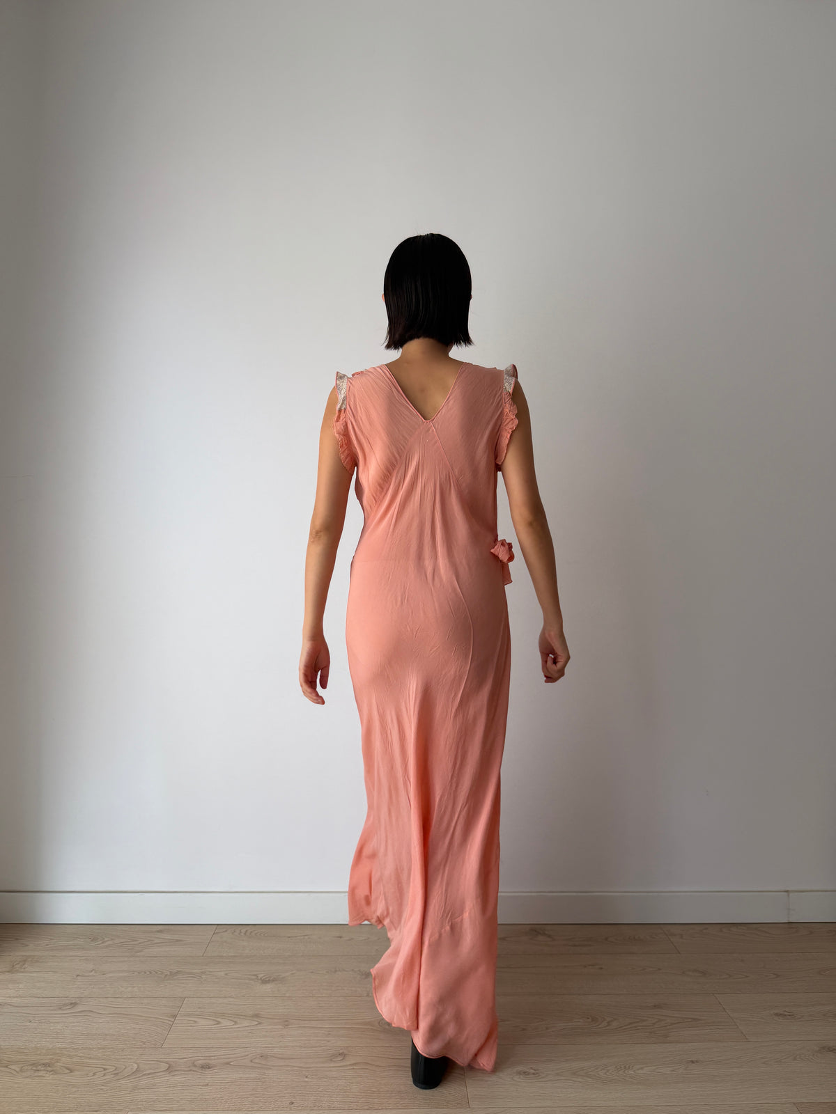 1930s Peach Bias Cut Gown | French Lace V-Neck, Ruffled Strap, Side Tie Maxi Dress