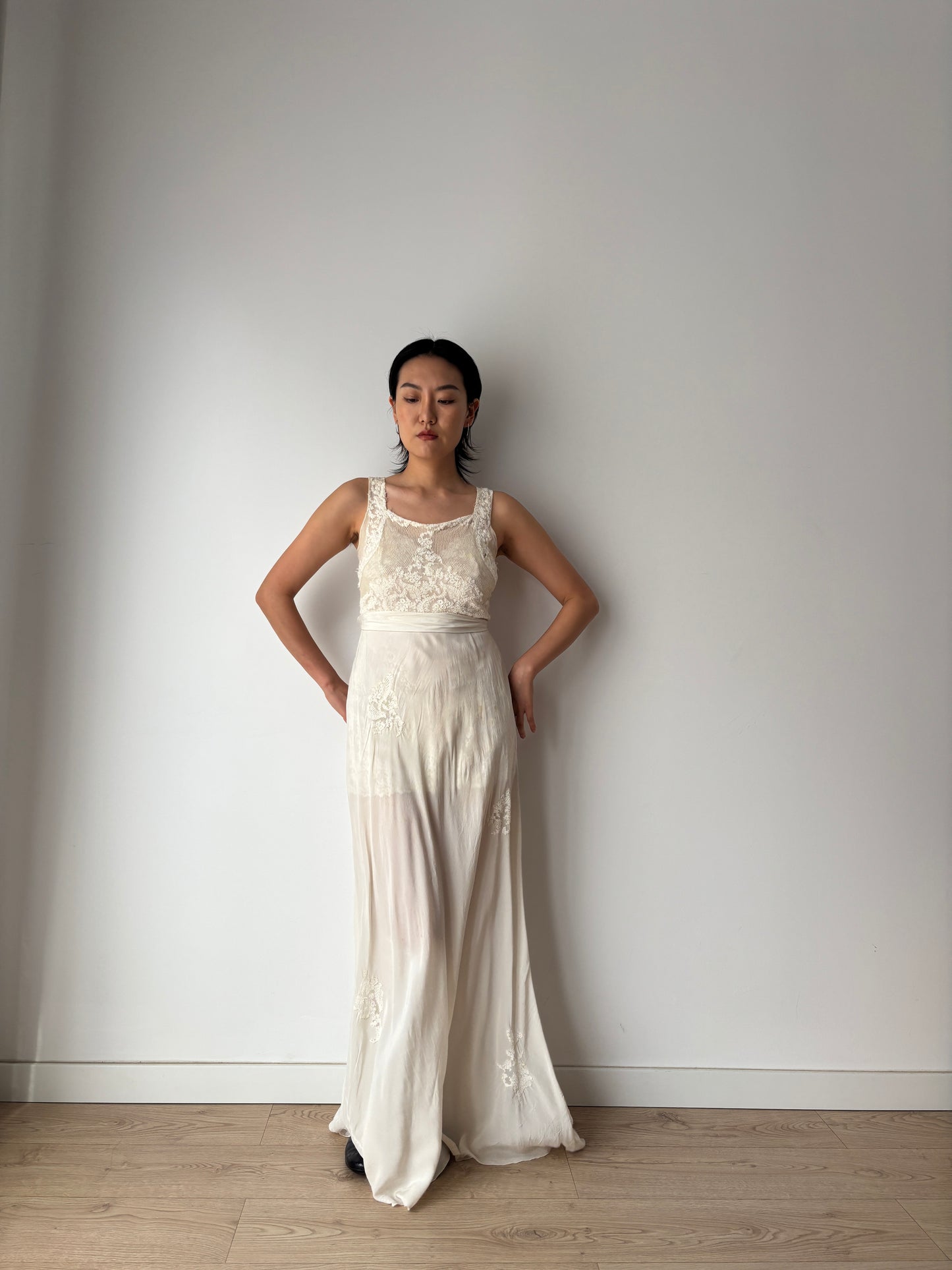 1930s Pure Silk Chiffon Lace Bridal Dress: Antique Bias Cut Nightgown