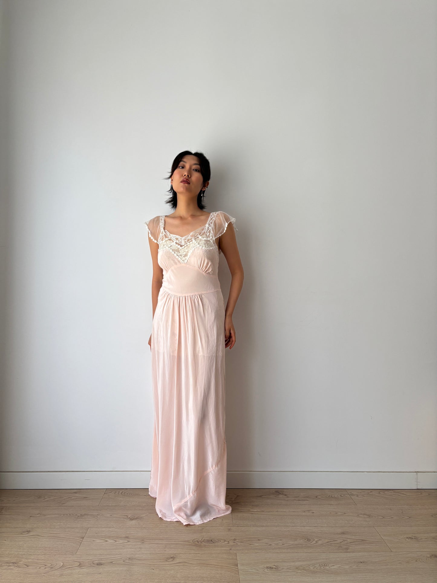 1940s Rayon Dress: Antique Pastel Pink Lace Bias Cut Gown