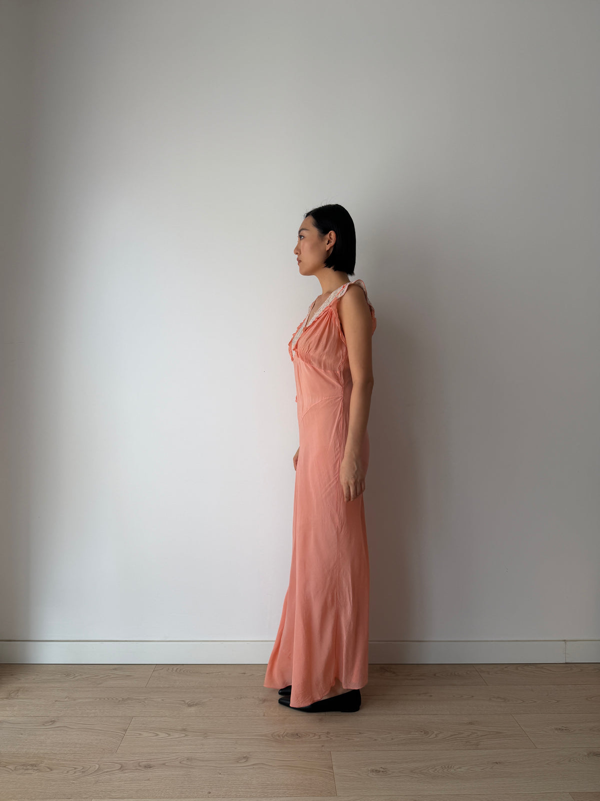 1930s Peach Bias Cut Gown | French Lace V-Neck, Ruffled Strap, Side Tie Maxi Dress