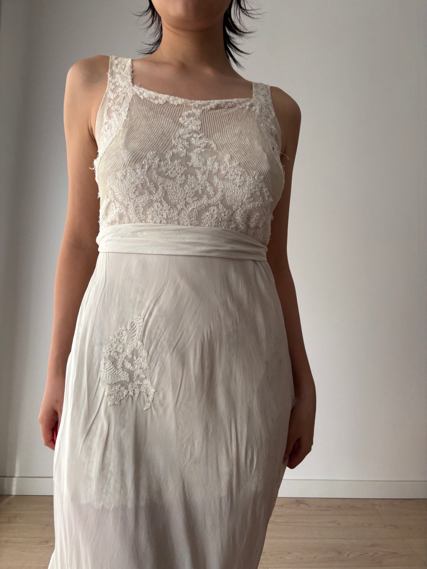 1930s Pure Silk Chiffon Lace Bridal Dress: Antique Bias Cut Nightgown