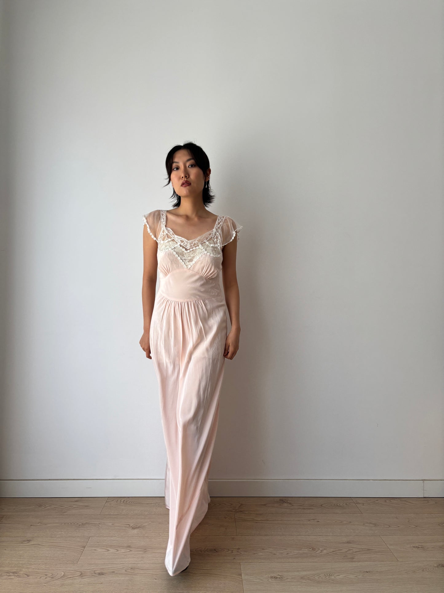 1940s Rayon Dress: Antique Pastel Pink Lace Bias Cut Gown