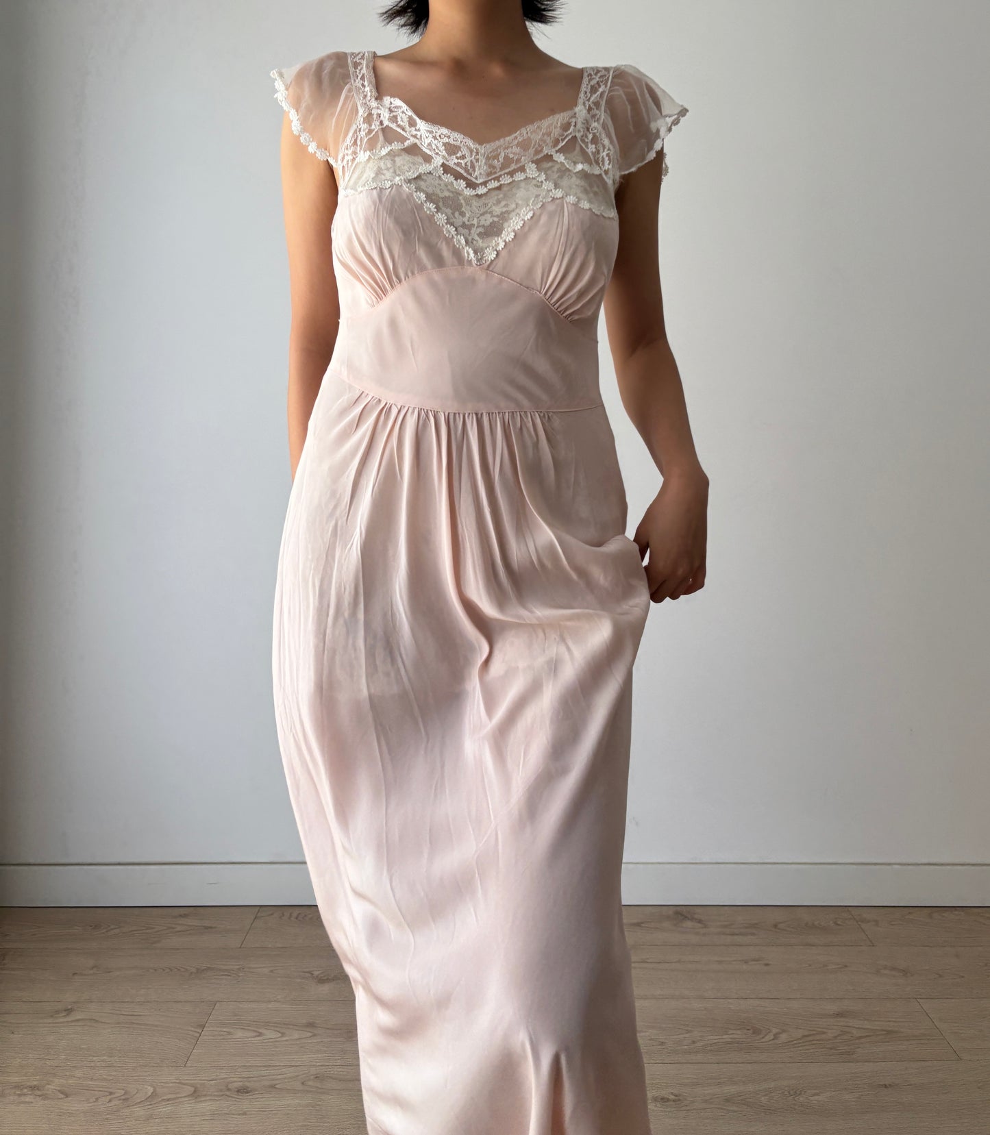 1940s Rayon Dress: Antique Pastel Pink Lace Bias Cut Gown