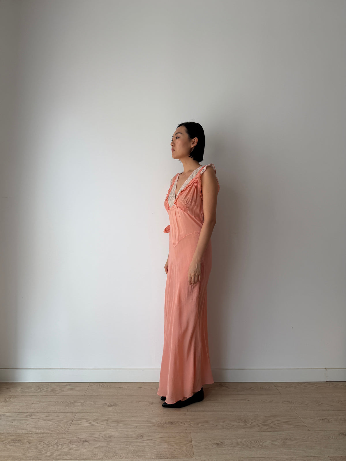 1930s Peach Bias Cut Gown | French Lace V-Neck, Ruffled Strap, Side Tie Maxi Dress