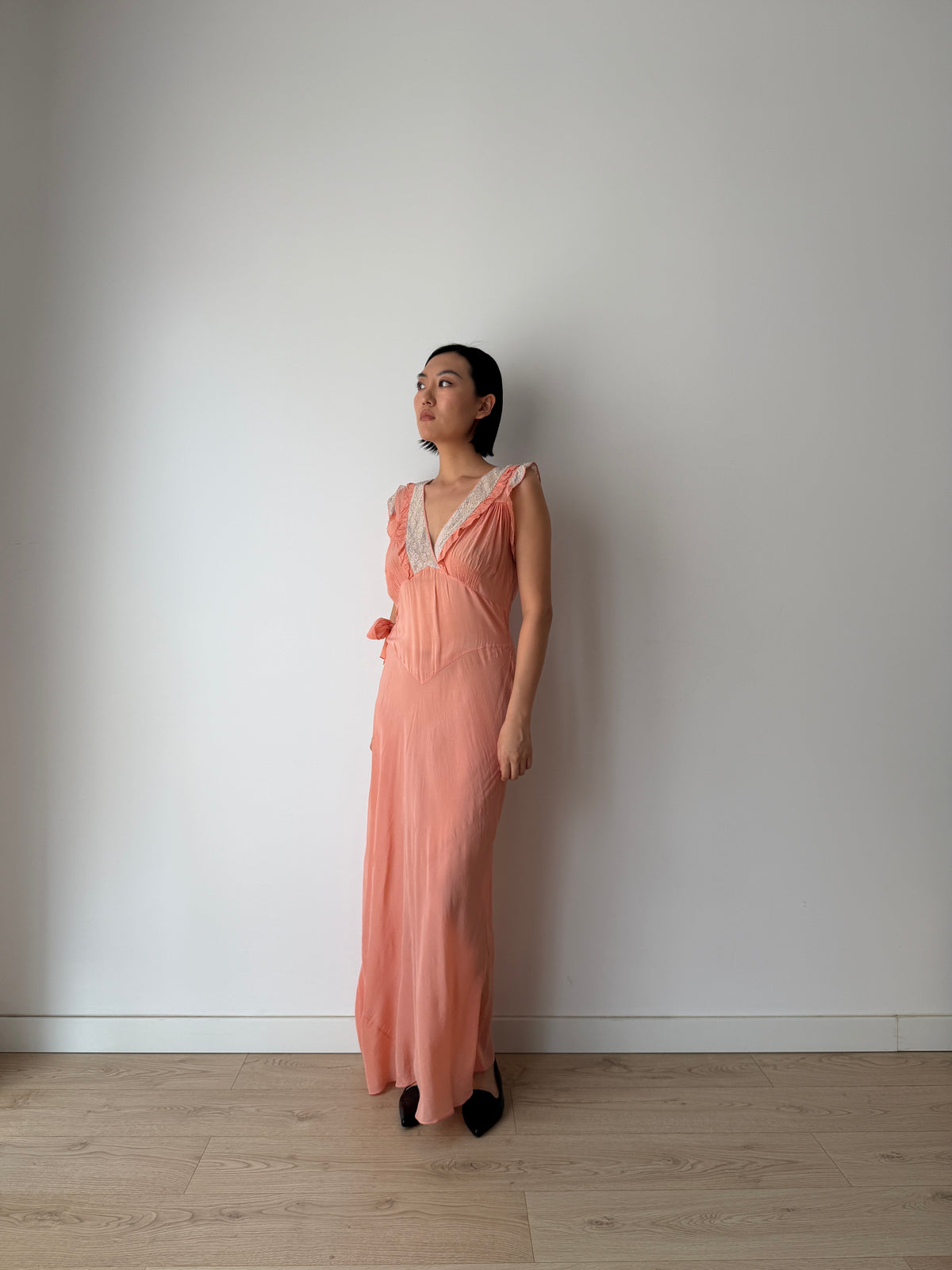 1930s Peach Bias Cut Gown | French Lace V-Neck, Ruffled Strap, Side Tie Maxi Dress