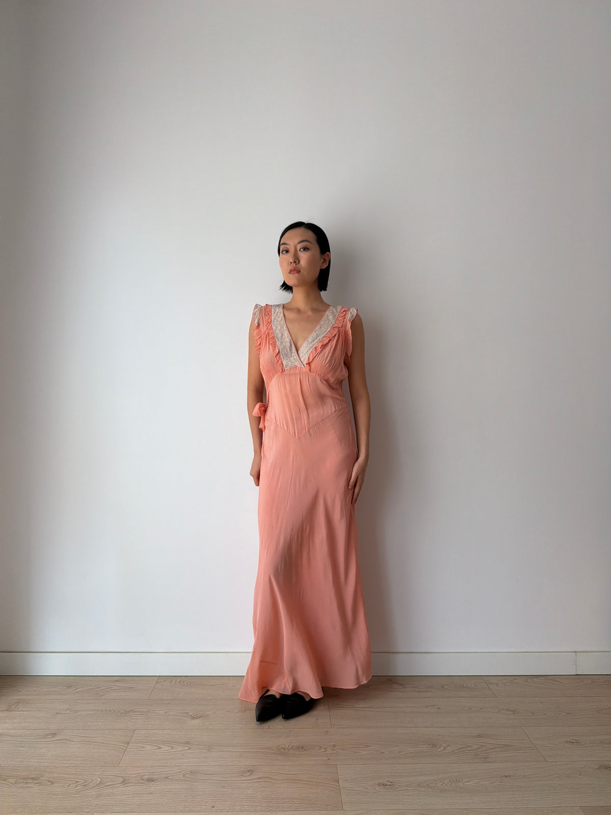 1930s Peach Bias Cut Gown | French Lace V-Neck, Ruffled Strap, Side Tie Maxi Dress