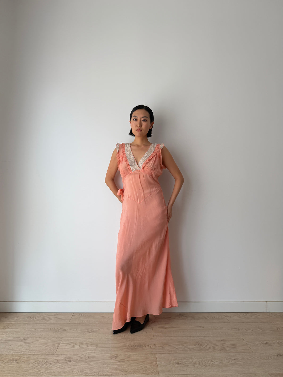 1930s Peach Bias Cut Gown | French Lace V-Neck, Ruffled Strap, Side Tie Maxi Dress
