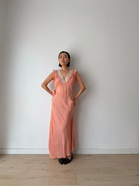 1930s Peach Bias Cut Gown | French Lace V-Neck, Ruffled Strap, Side Tie Maxi Dress