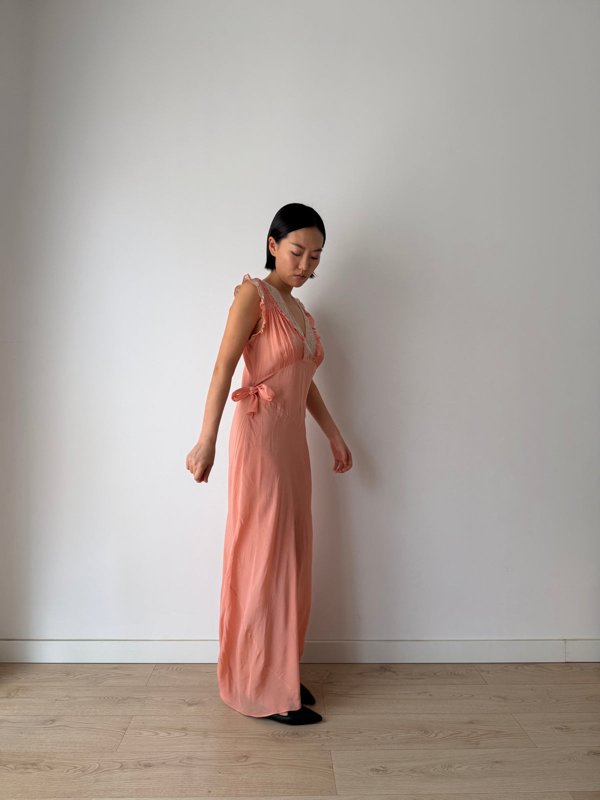 1930s Peach Bias Cut Gown | French Lace V-Neck, Ruffled Strap, Side Tie Maxi Dress