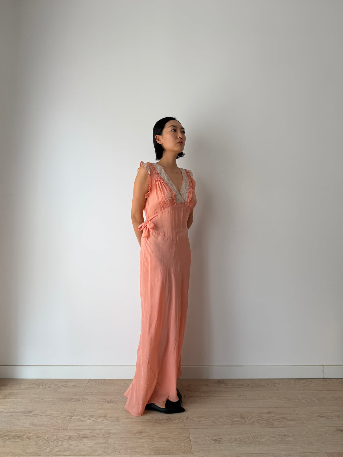 1930s Peach Bias Cut Gown | French Lace V-Neck, Ruffled Strap, Side Tie Maxi Dress