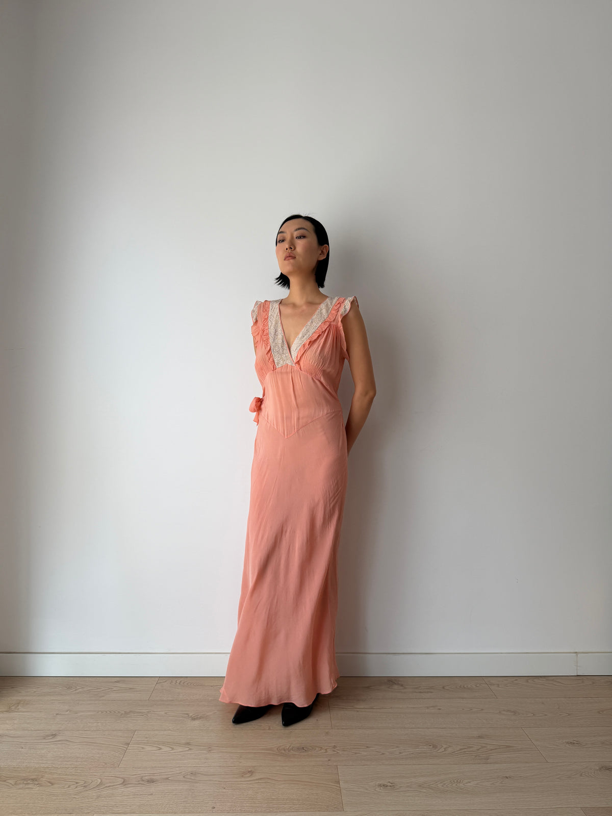1930s Peach Bias Cut Gown | French Lace V-Neck, Ruffled Strap, Side Tie Maxi Dress