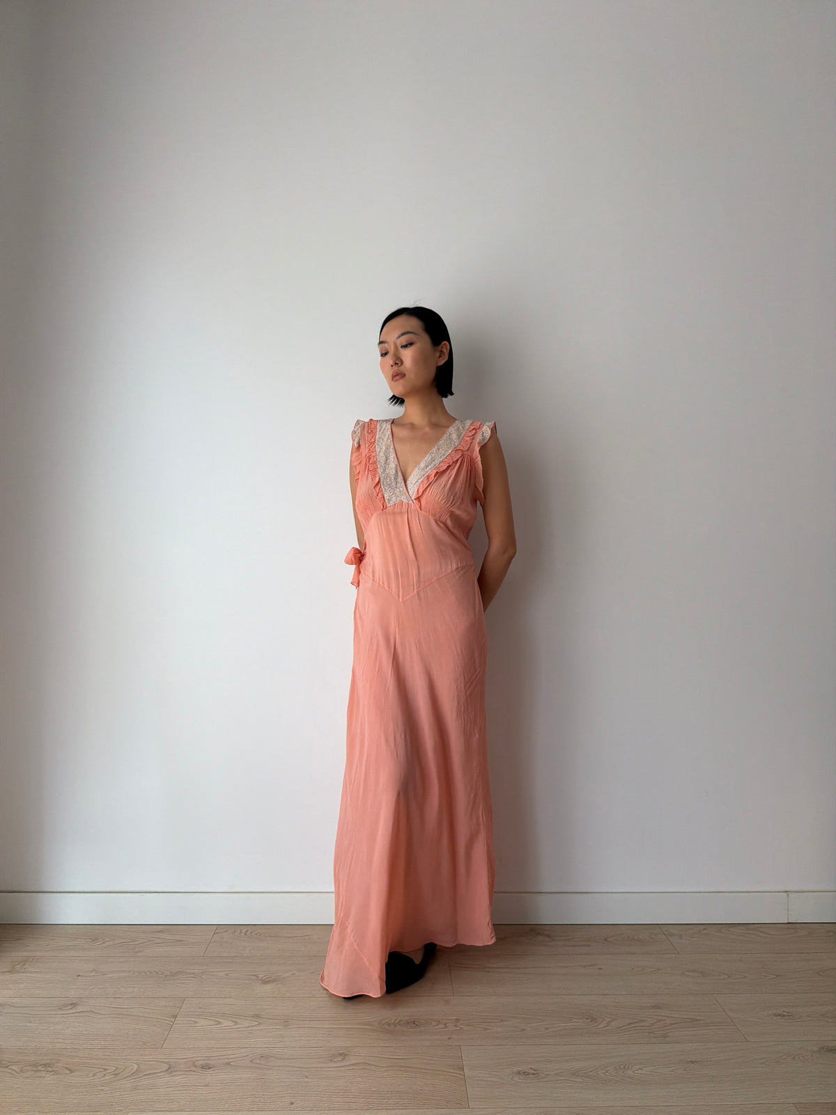 1930s Peach Bias Cut Gown | French Lace V-Neck, Ruffled Strap, Side Tie Maxi Dress