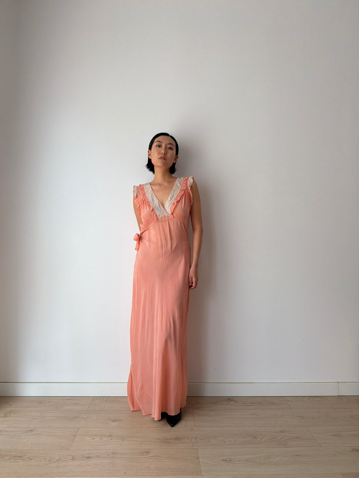 1930s Peach Bias Cut Gown | French Lace V-Neck, Ruffled Strap, Side Tie Maxi Dress