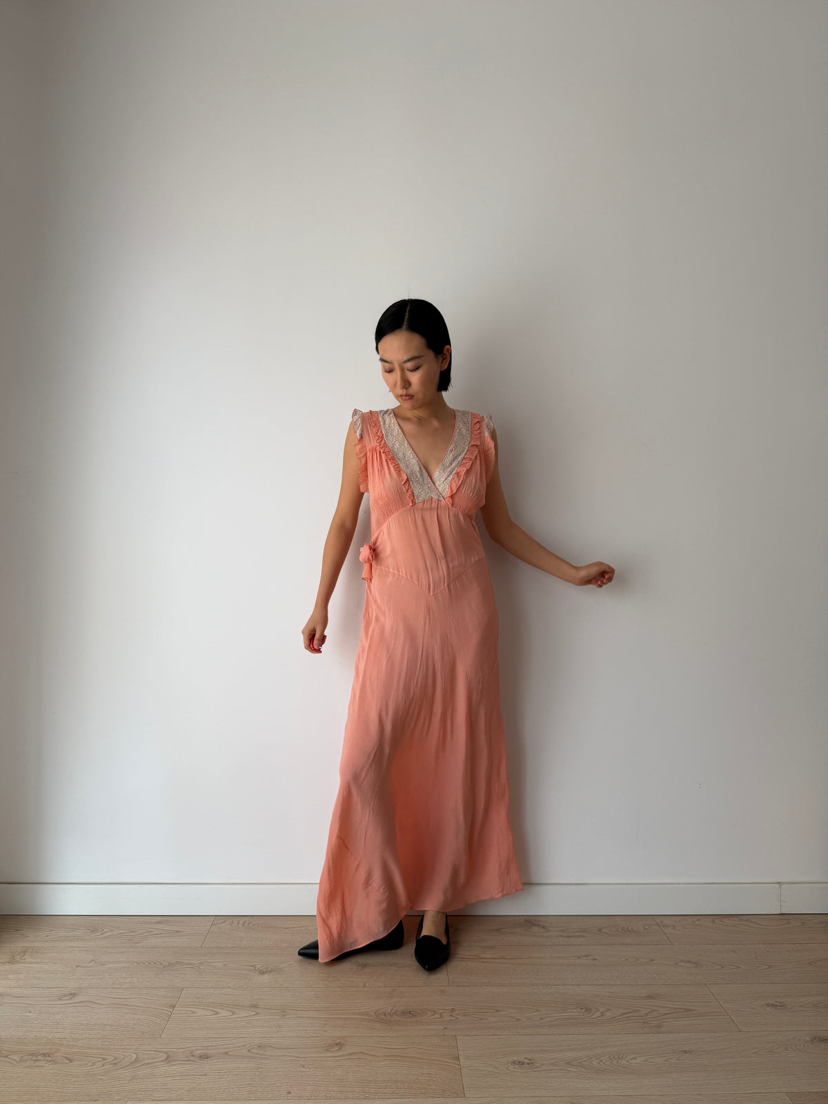 1930s Peach Bias Cut Gown | French Lace V-Neck, Ruffled Strap, Side Tie Maxi Dress