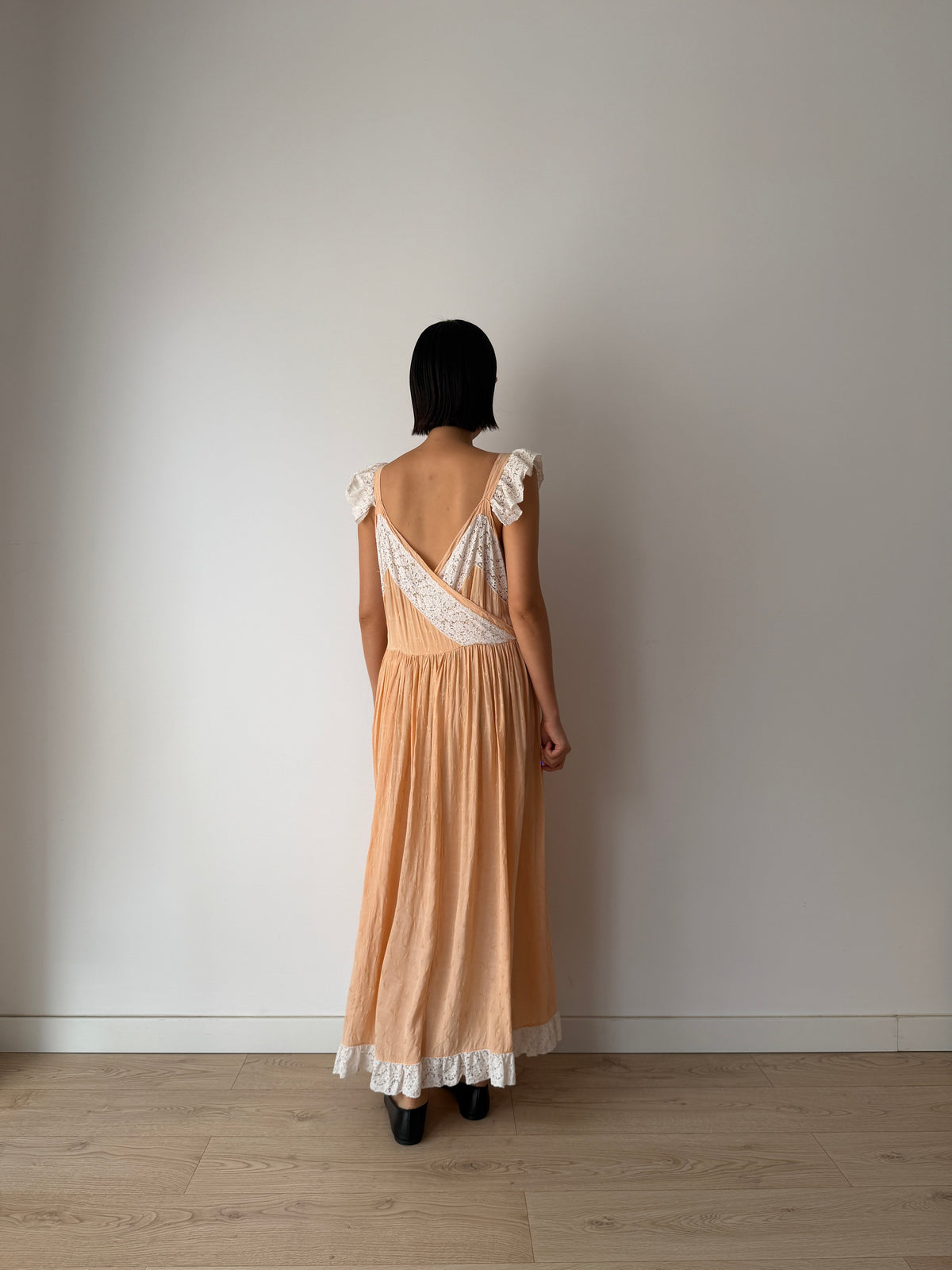 1930s Peach Lace Nightgown, Romantic Heart Lace Bust, Ruffled Straps, Lace Hem Maxi Dress