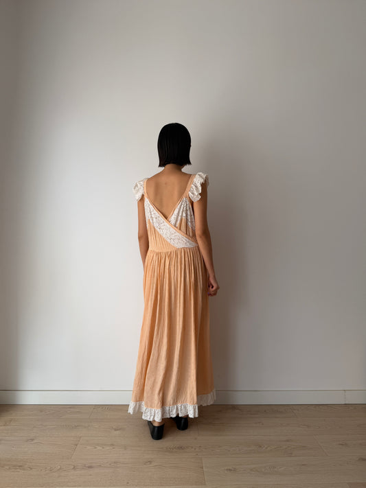 1930s Peach Lace Nightgown, Romantic Heart Lace Bust, Ruffled Straps, Lace Hem Maxi Dress