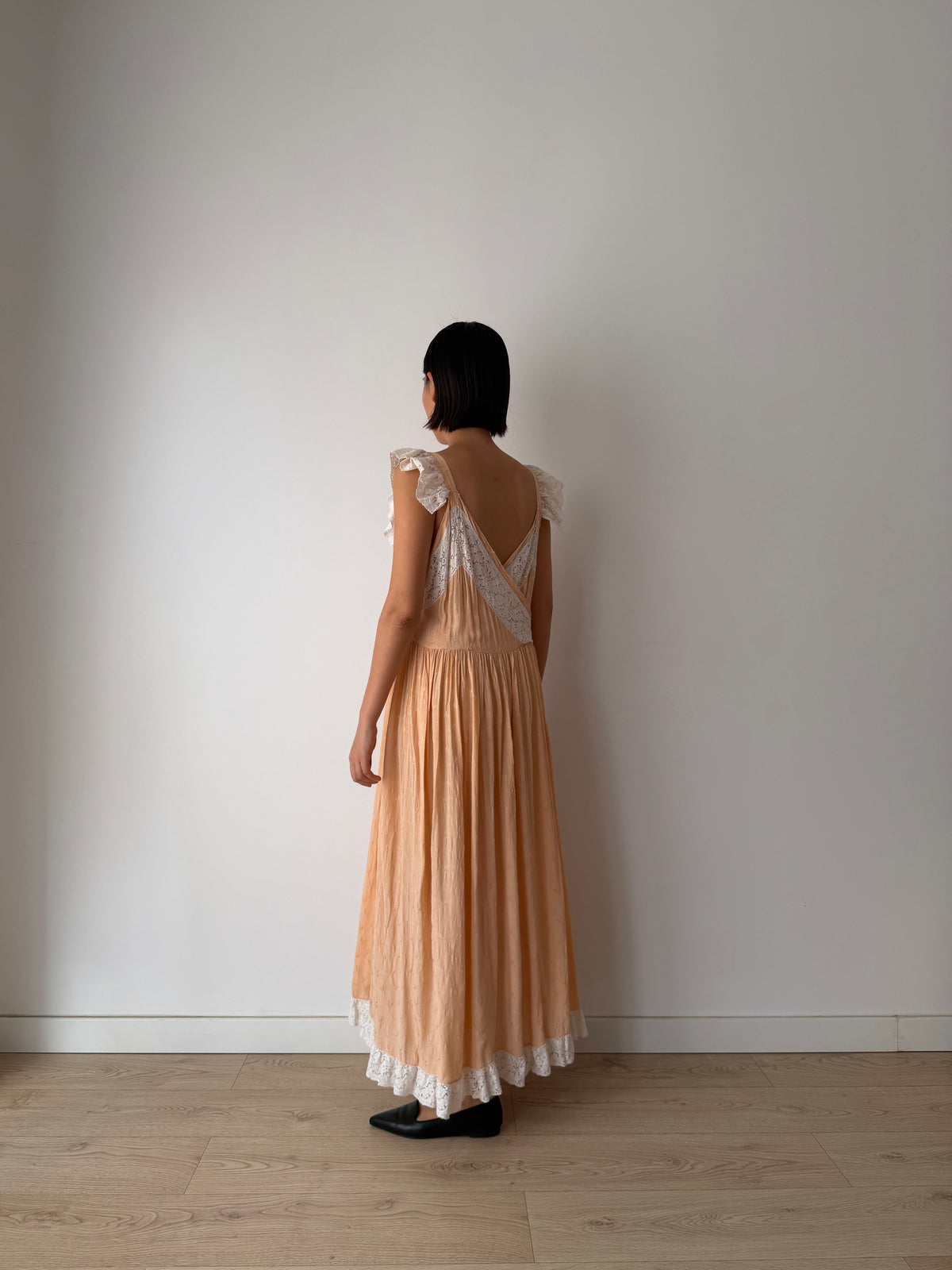 1930s Peach Lace Nightgown, Romantic Heart Lace Bust, Ruffled Straps, Lace Hem Maxi Dress
