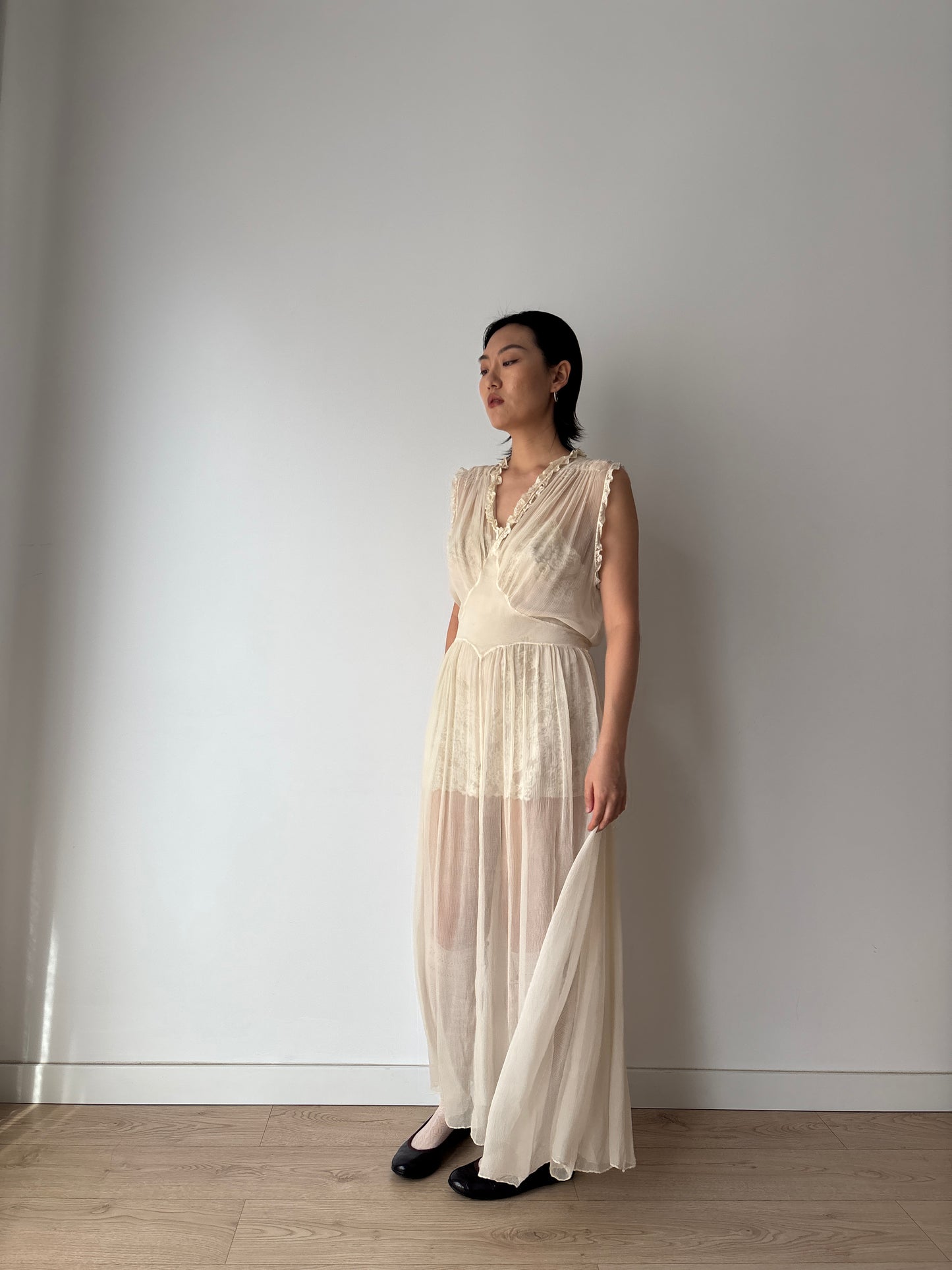 1930s - 1940s Silk Chiffon Maxi Dress: Vintage Wedding Bridal Gown