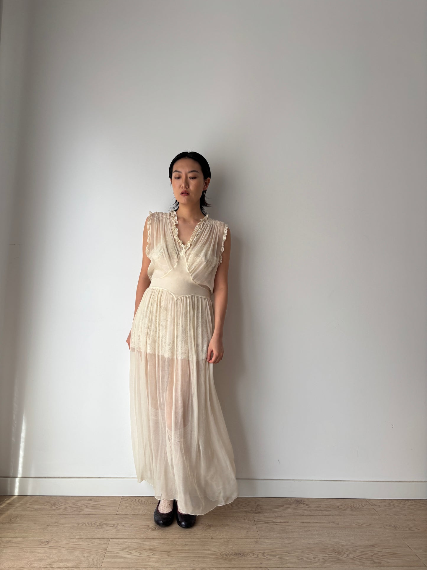 1930s - 1940s Silk Chiffon Maxi Dress: Vintage Wedding Bridal Gown