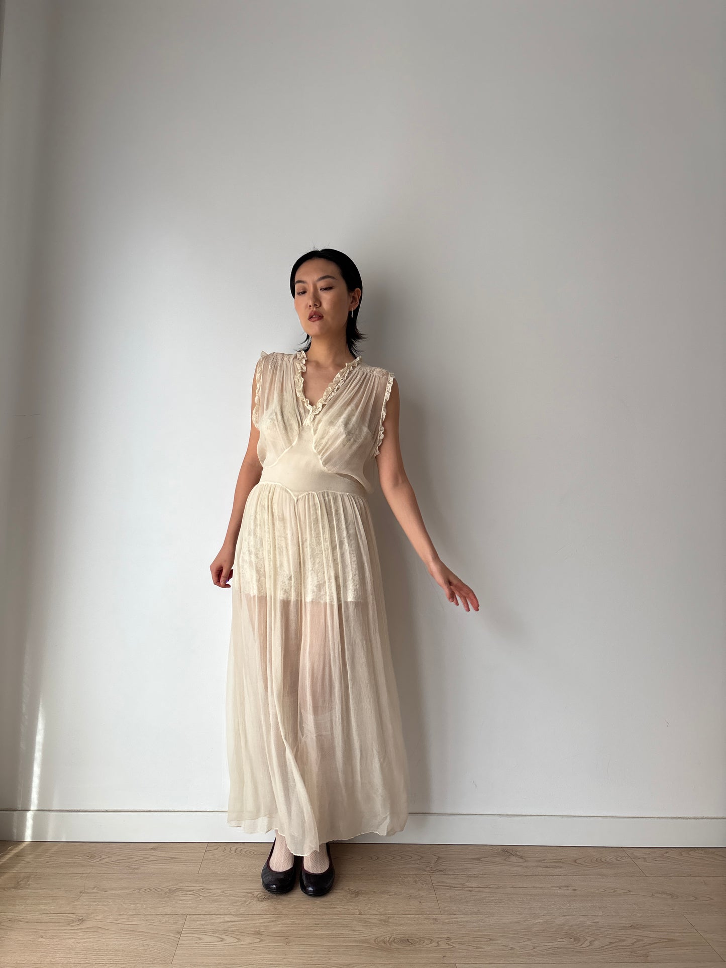 1930s - 1940s Silk Chiffon Maxi Dress: Vintage Wedding Bridal Gown