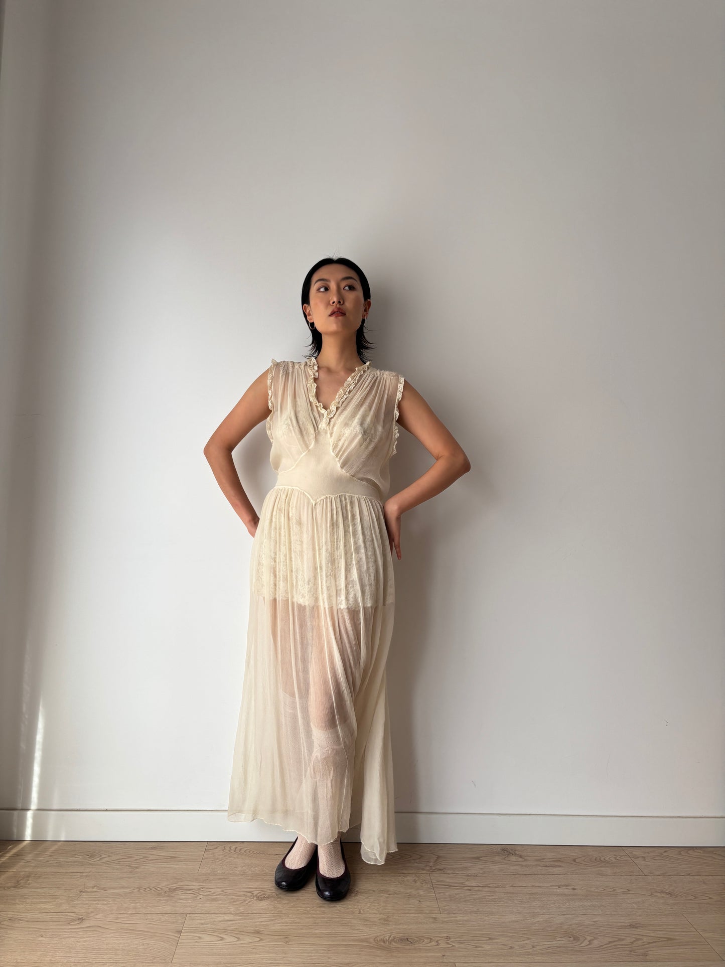 1930s - 1940s Silk Chiffon Maxi Dress: Vintage Wedding Bridal Gown