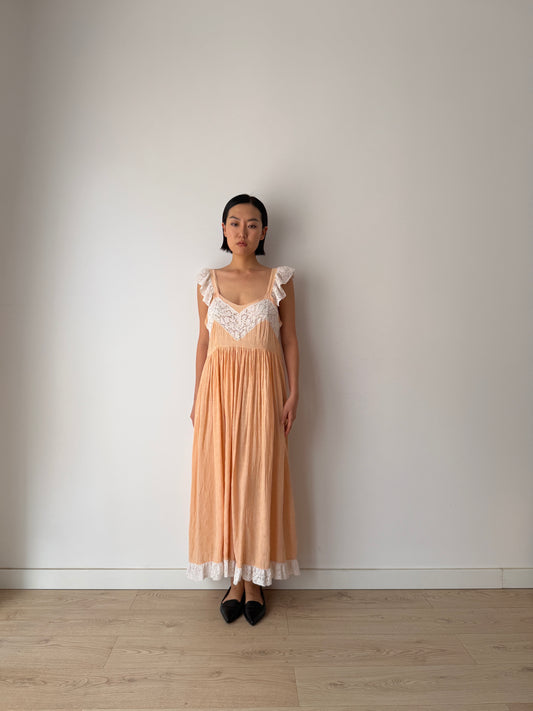 1930s Peach Lace Nightgown, Romantic Heart Lace Bust, Ruffled Straps, Lace Hem Maxi Dress