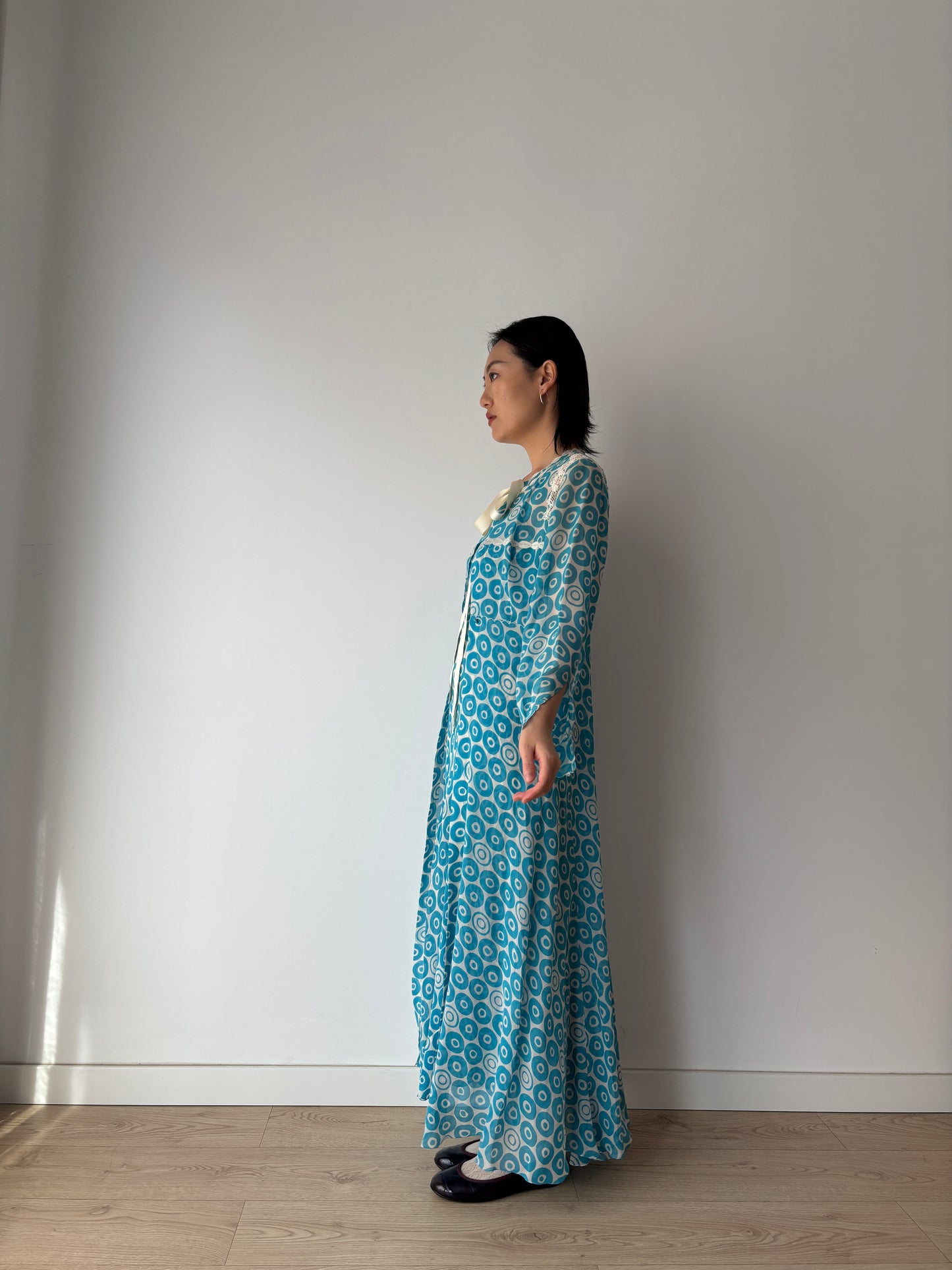 Vintage Blue Print Silk Chiffon Florence Lace Lingerie Set