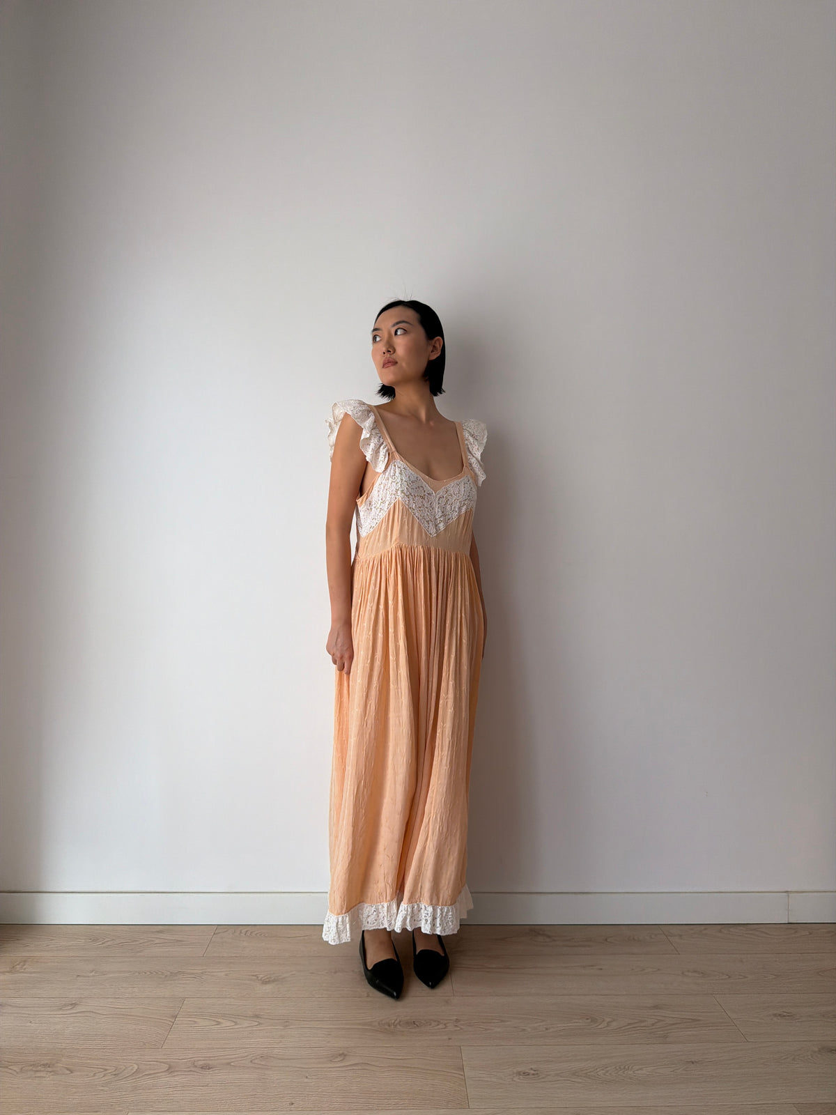 1930s Peach Lace Nightgown, Romantic Heart Lace Bust, Ruffled Straps, Lace Hem Maxi Dress