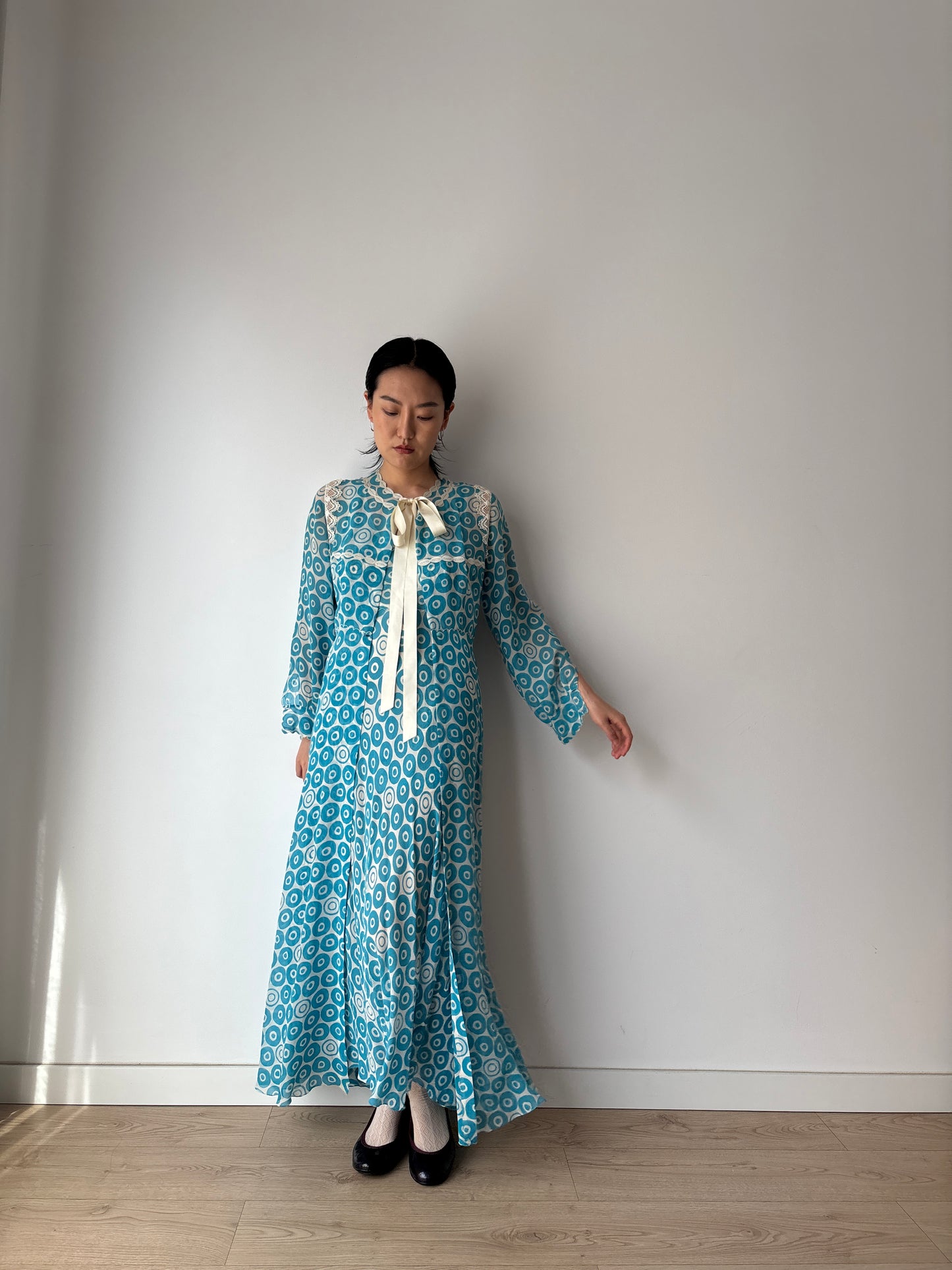 Vintage Blue Print Silk Chiffon Florence Lace Lingerie Set