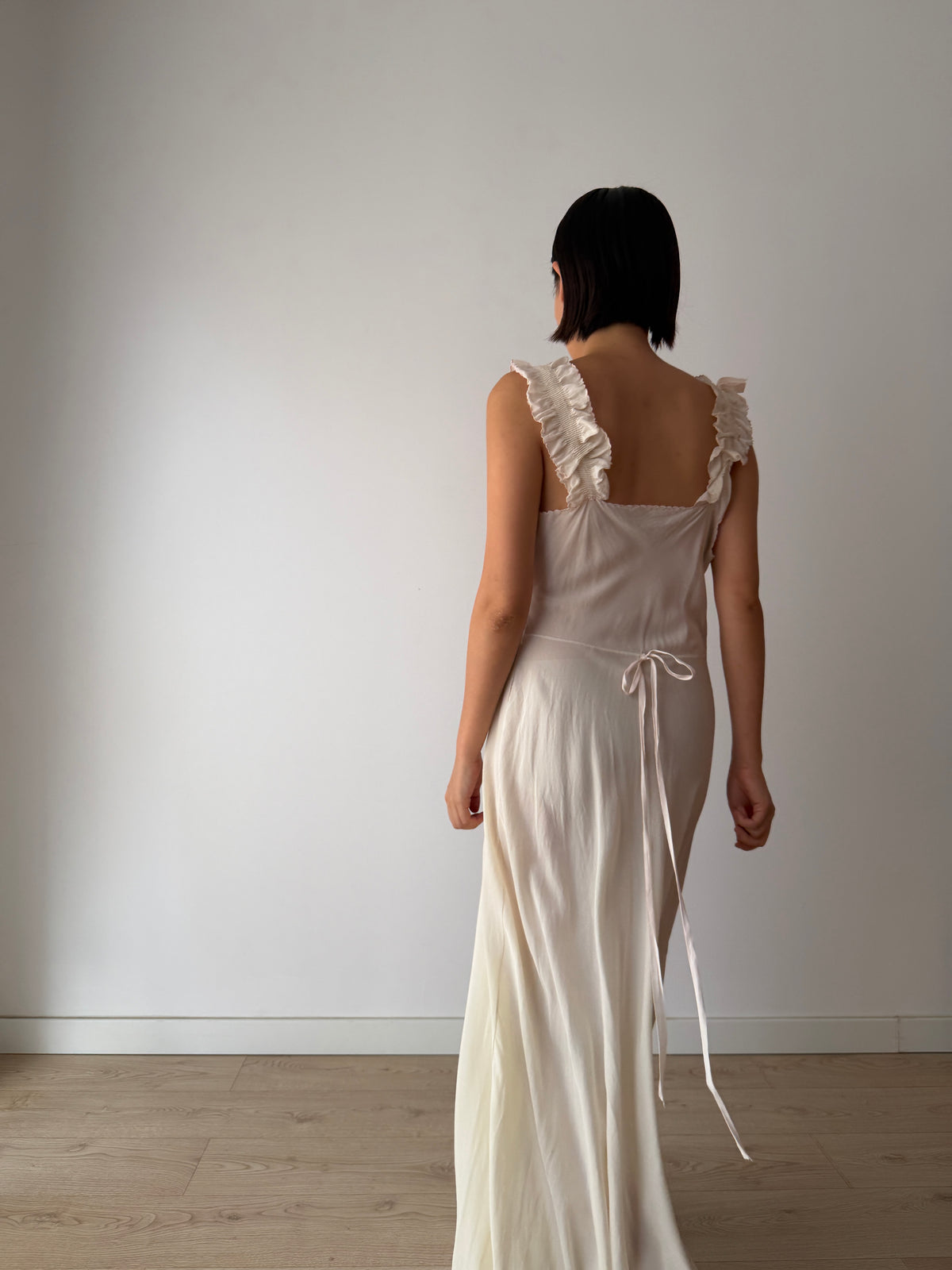 1930s Bridal Ivory Bias Cut Gown, Romantic Embroidery, Ruffled Straps, Tie Waist Maxi Dress