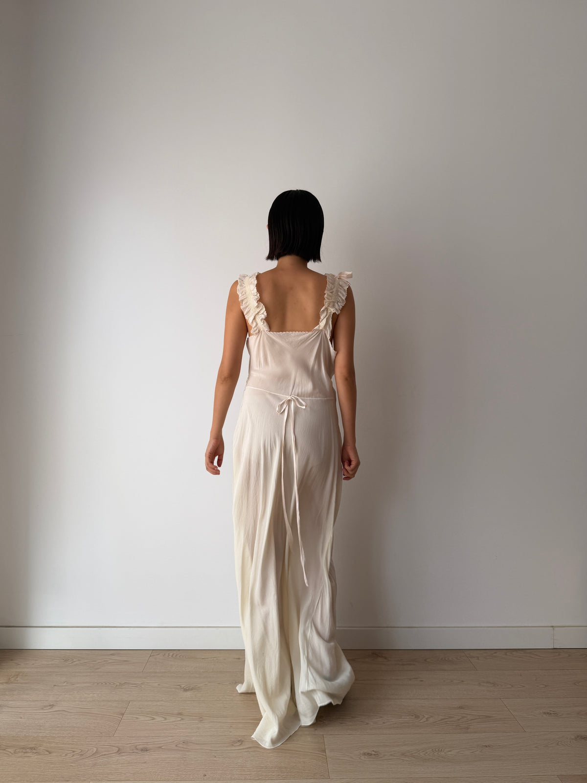 1930s Bridal Ivory Bias Cut Gown, Romantic Embroidery, Ruffled Straps, Tie Waist Maxi Dress