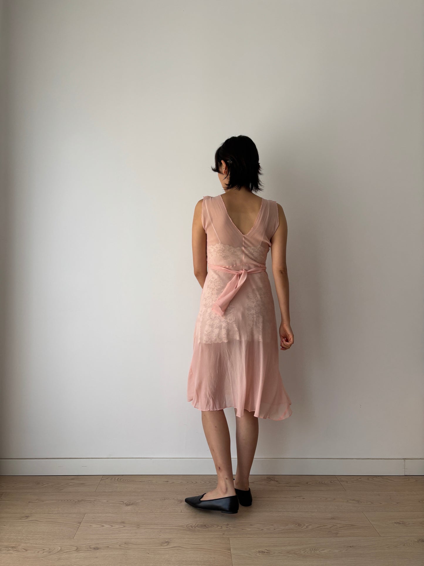1930s midi pink ribbon silk chiffon sheer bias cut lace dress