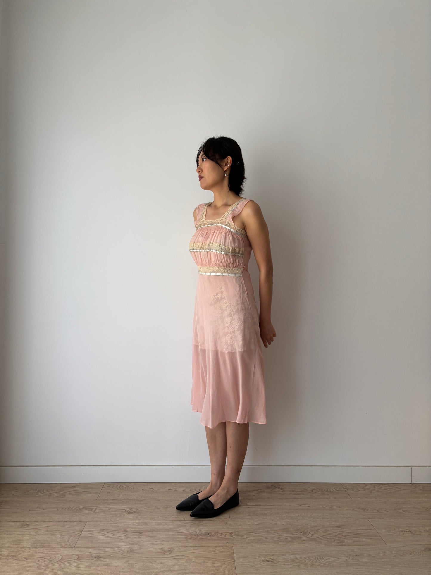 1930s midi pink ribbon silk chiffon sheer bias cut lace dress