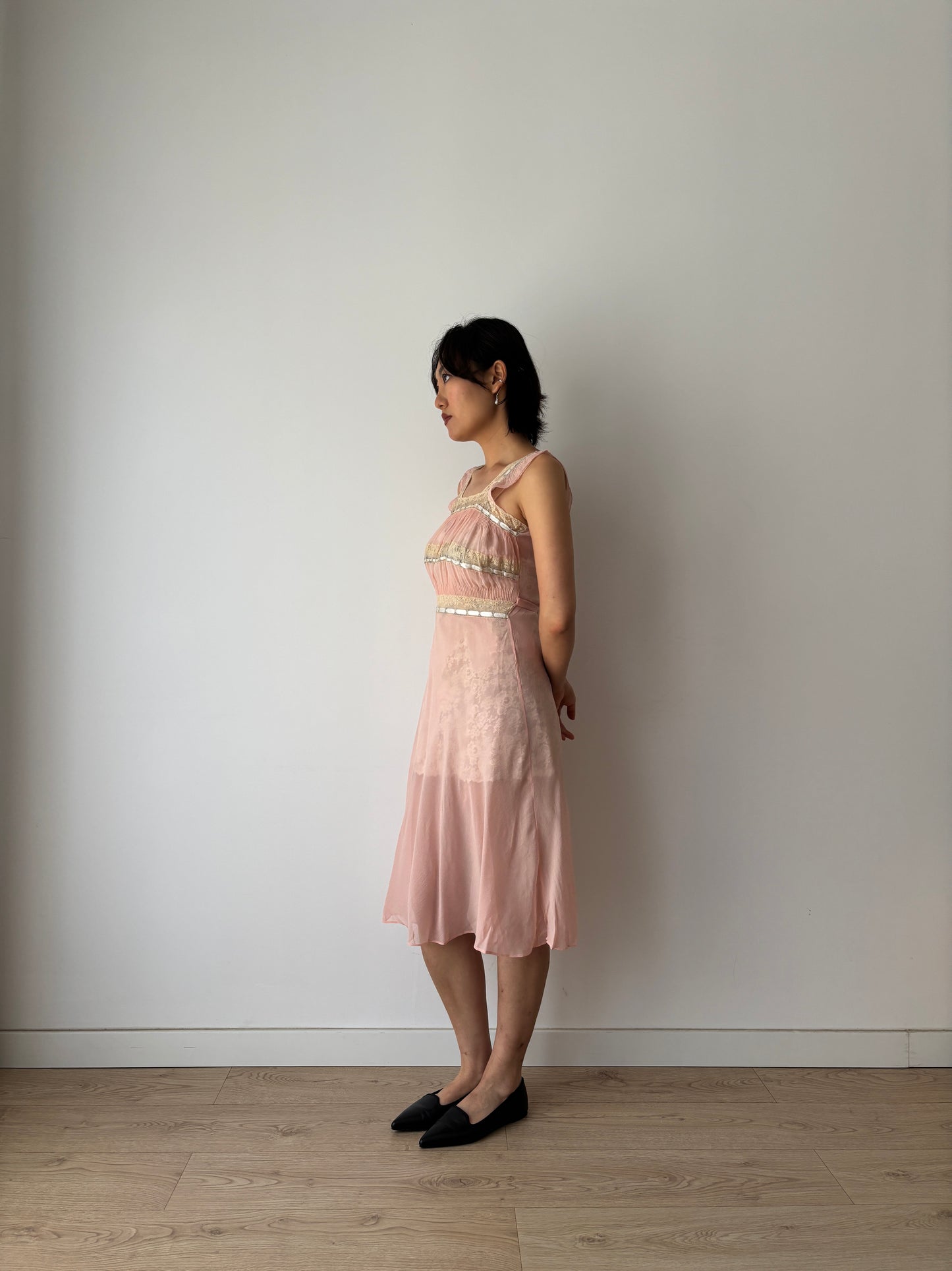 1930s midi pink ribbon silk chiffon sheer bias cut lace dress