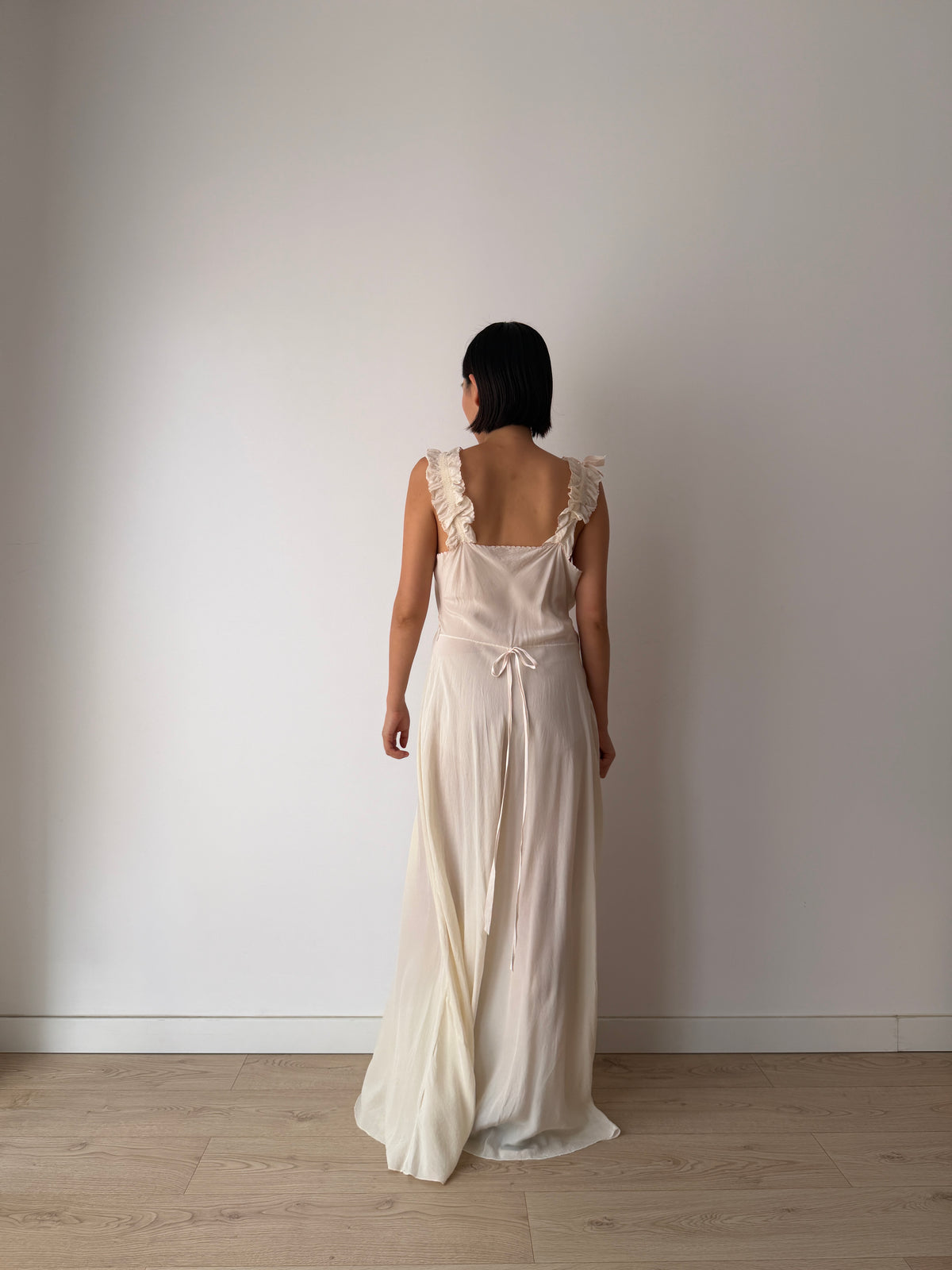1930s Bridal Ivory Bias Cut Gown, Romantic Embroidery, Ruffled Straps, Tie Waist Maxi Dress
