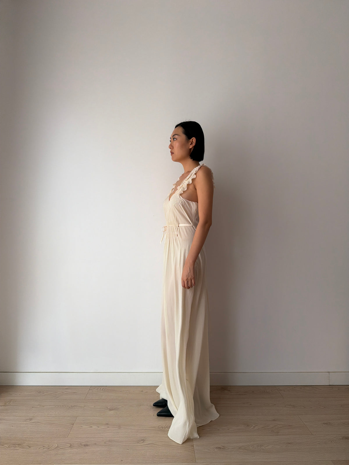 1930s Bridal Ivory Bias Cut Gown, Romantic Embroidery, Ruffled Straps, Tie Waist Maxi Dress