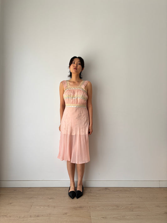 1930s midi pink ribbon silk chiffon sheer bias cut lace dress