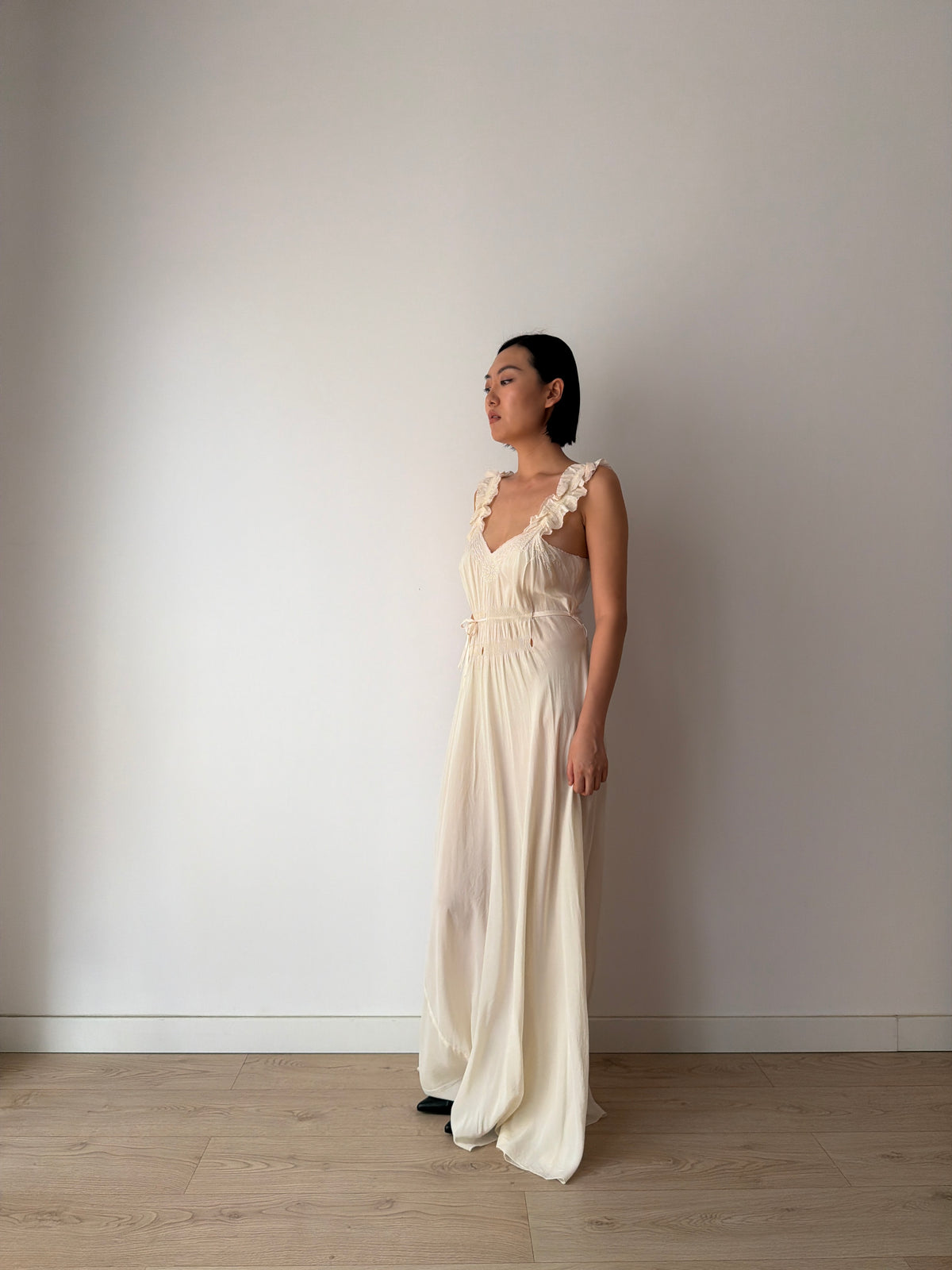 1930s Bridal Ivory Bias Cut Gown, Romantic Embroidery, Ruffled Straps, Tie Waist Maxi Dress