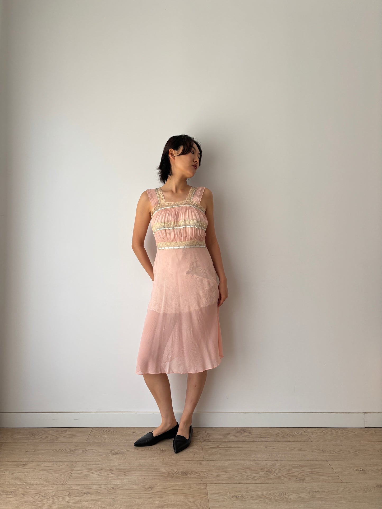 1930s midi pink ribbon silk chiffon sheer bias cut lace dress