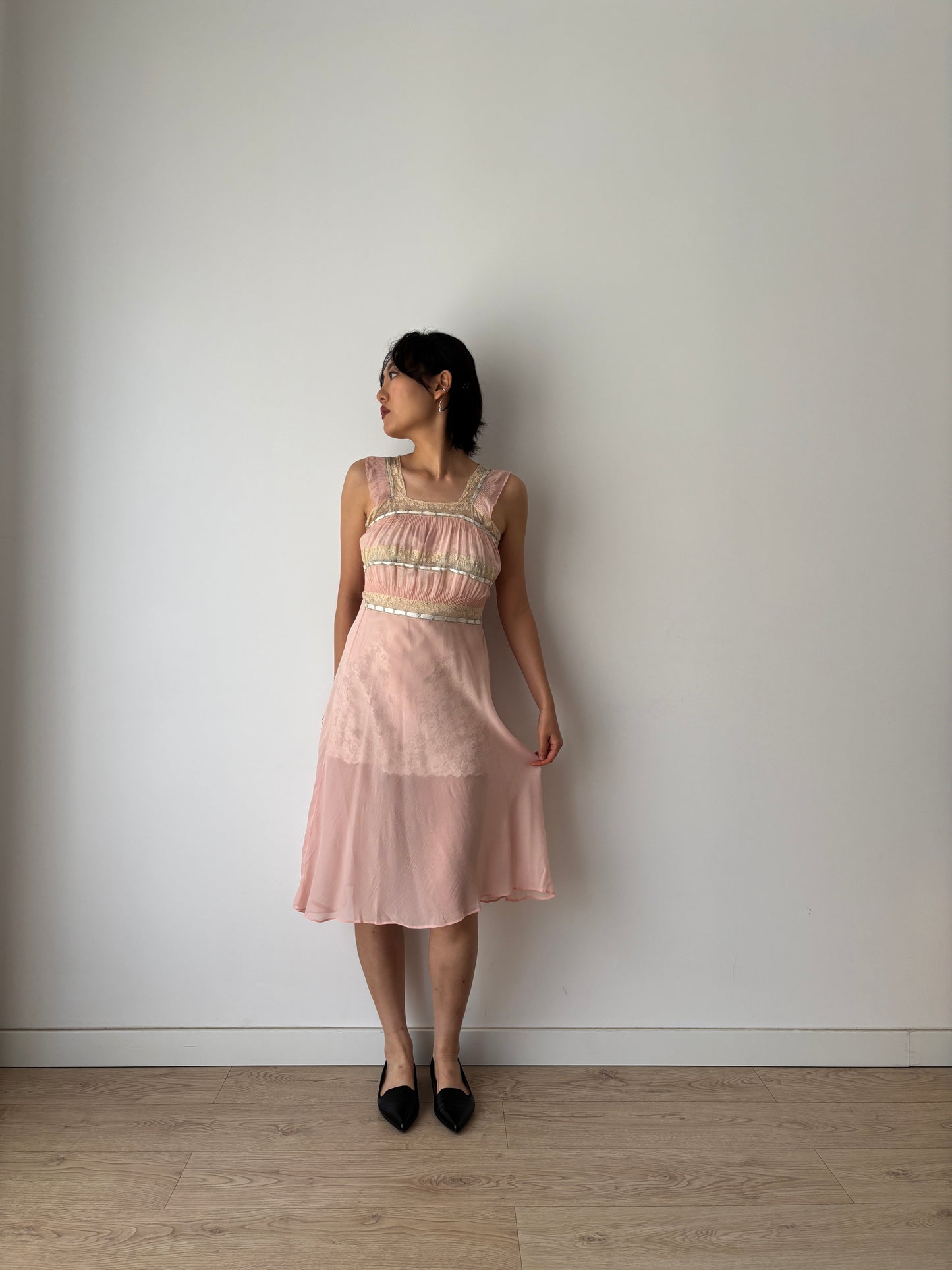 1930s midi pink ribbon silk chiffon sheer bias cut lace dress