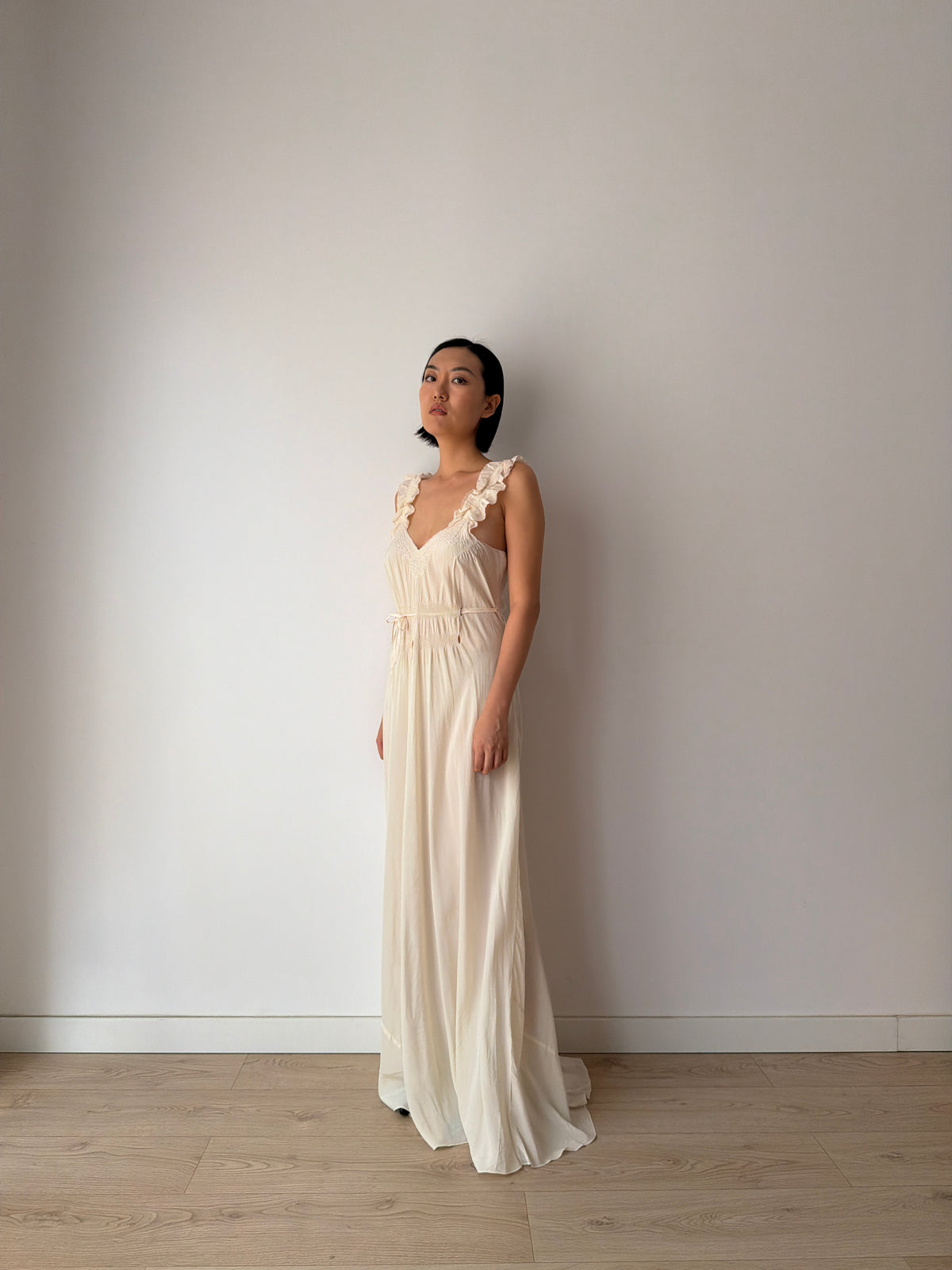 1930s Bridal Ivory Bias Cut Gown, Romantic Embroidery, Ruffled Straps, Tie Waist Maxi Dress