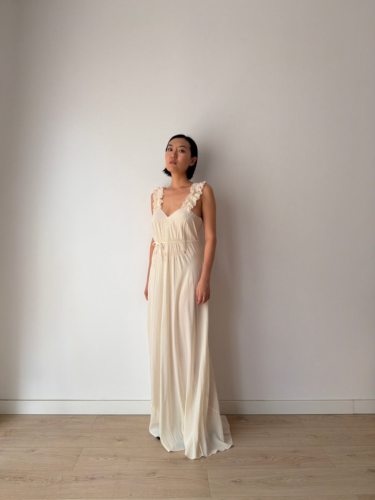 1930s Bridal Ivory Bias Cut Gown, Romantic Embroidery, Ruffled Straps, Tie Waist Maxi Dress