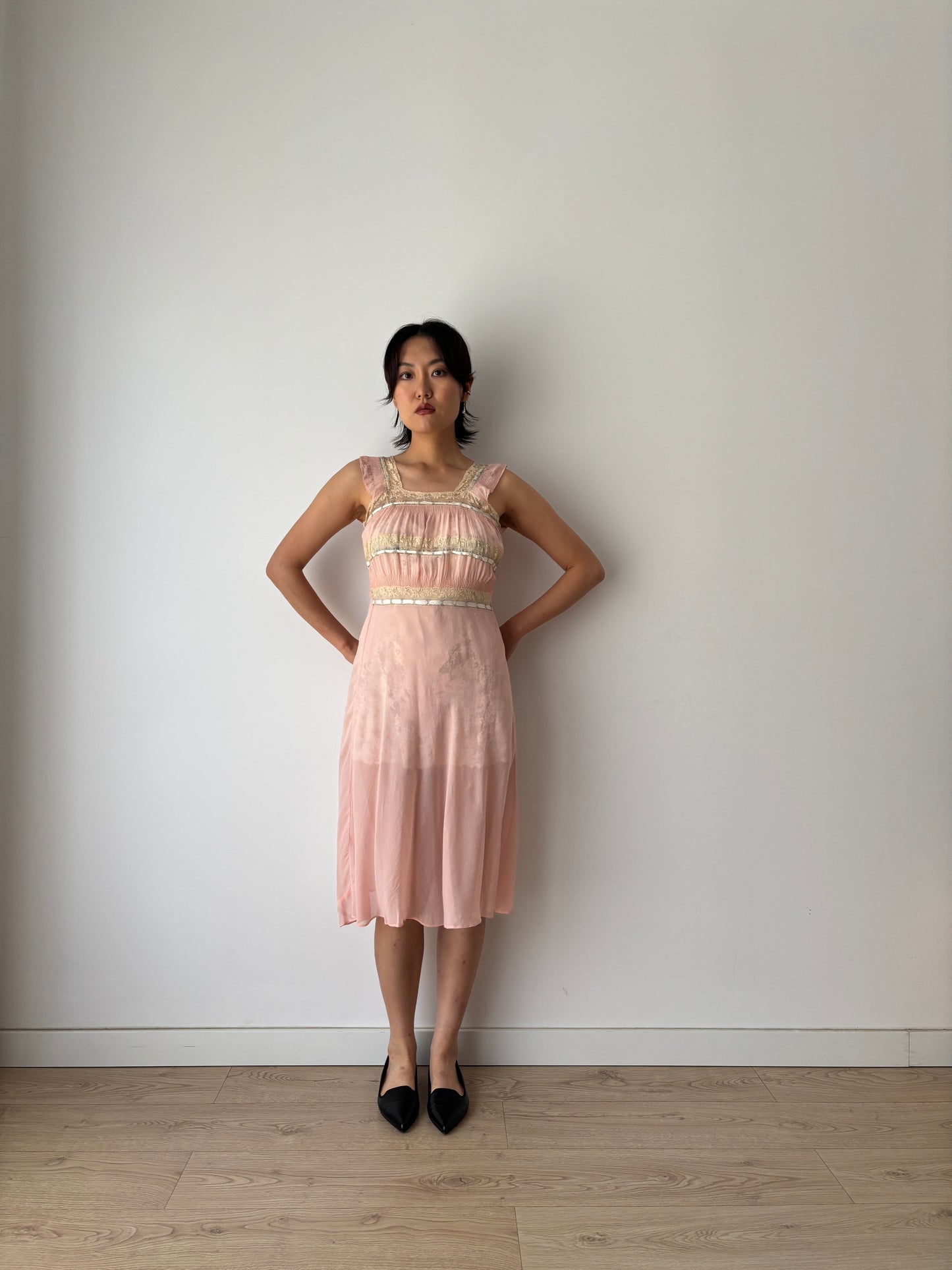 1930s midi pink ribbon silk chiffon sheer bias cut lace dress