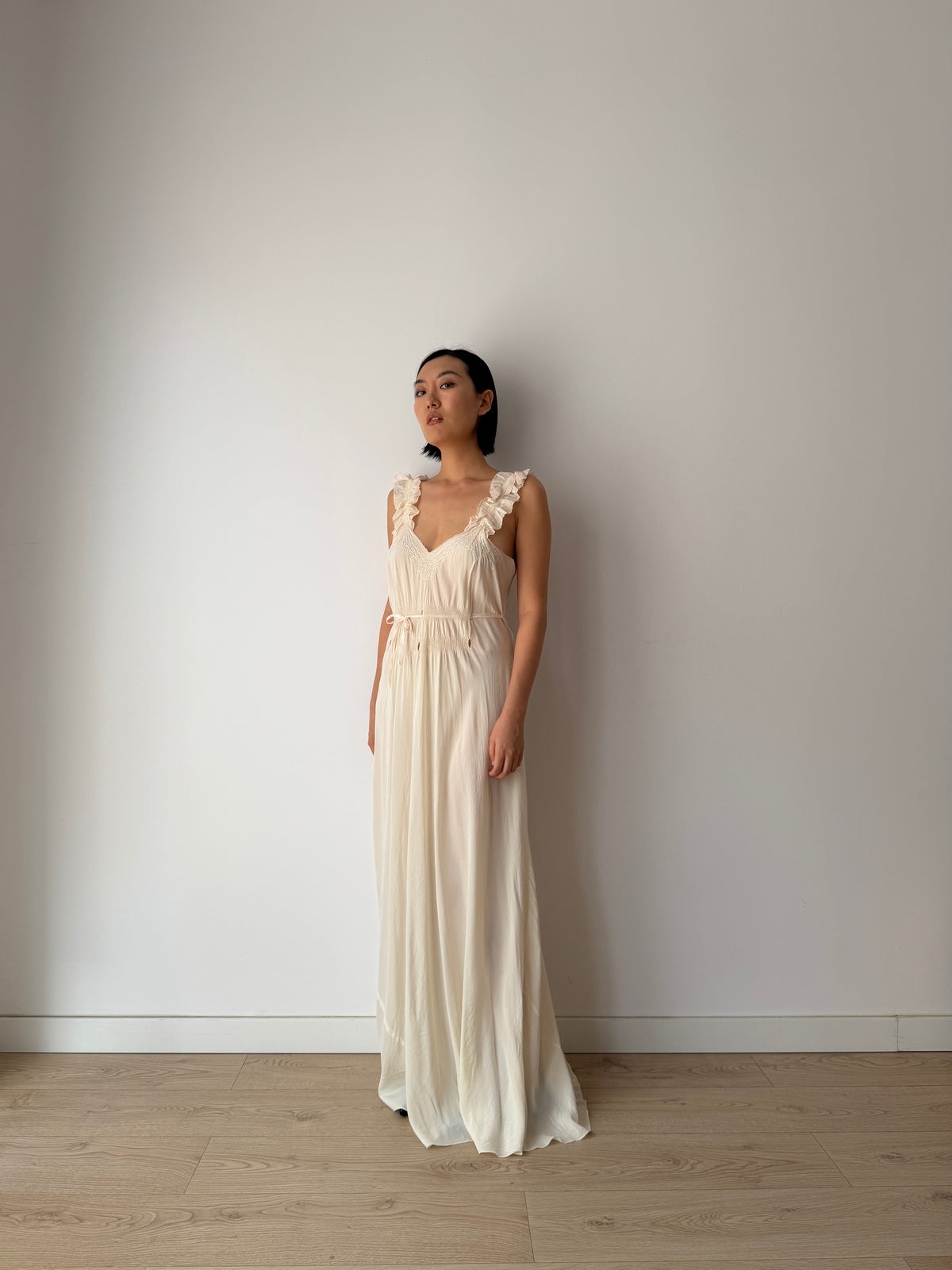 1930s Bridal Ivory Bias Cut Gown, Romantic Embroidery, Ruffled Straps, Tie Waist Maxi Dress