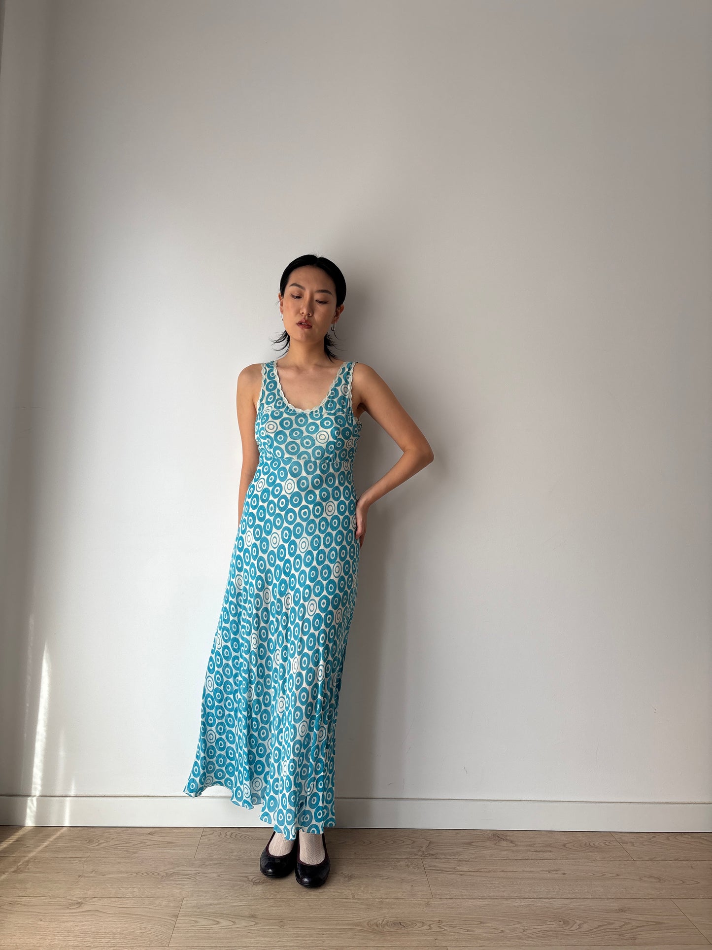 Vintage Blue Print Silk Chiffon Florence Lace Lingerie Set