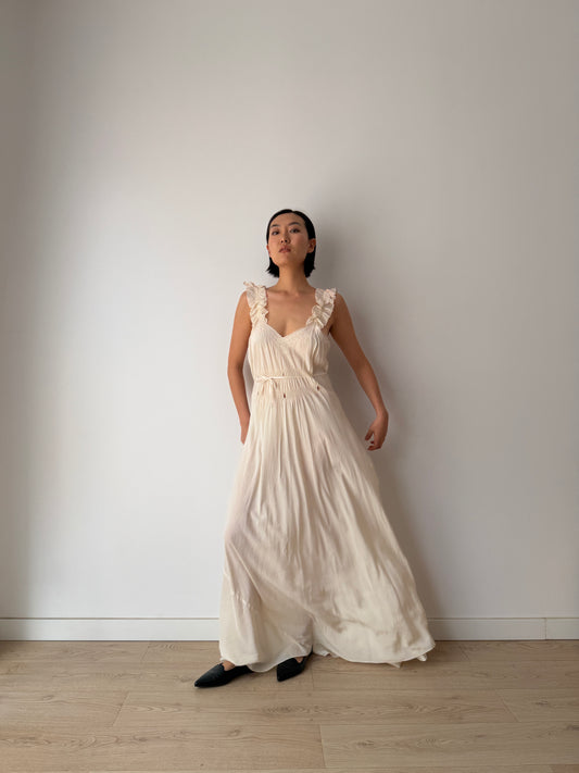 1930s Bridal Ivory Bias Cut Gown, Romantic Embroidery, Ruffled Straps, Tie Waist Maxi Dress