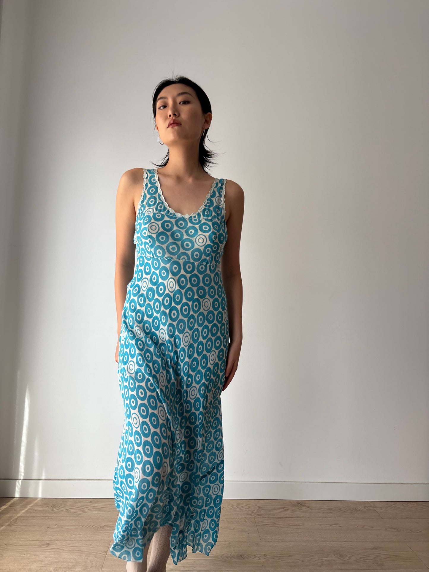 Vintage Blue Print Silk Chiffon Florence Lace Lingerie Set